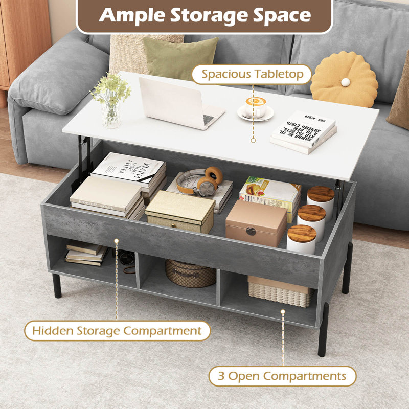 Lift Top Coffee Table with Storage, Grey Top/White Base