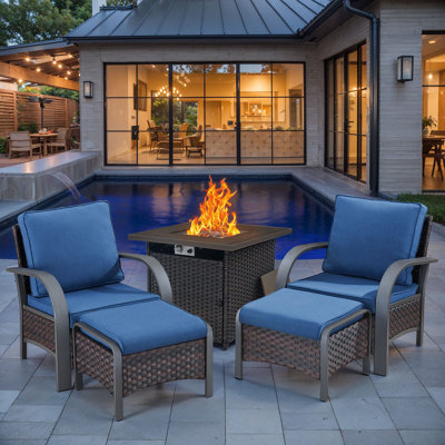 Wyland Industrial Style Outdoor Fire Pit Set With 2 Patio Chairs, Propane Gas Fire Pit, 2 Ottomans