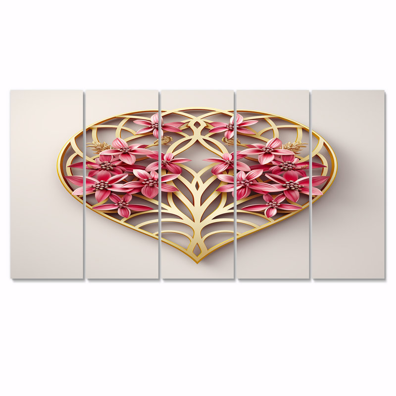 Fleurs de cerisier sur feuille d'or géométrique - ensemble de 5 décorations murales fleur de cerisier, H 28 po x l 60 po