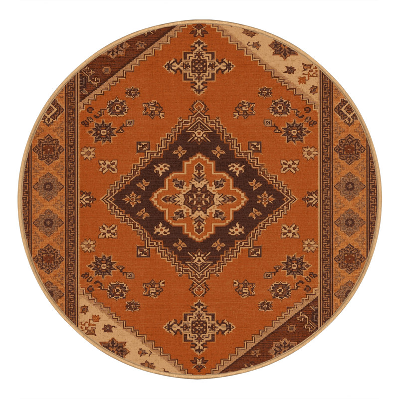 Tapis traditionnel lavable à la machine Pauleth - brun clair - Reliure brun clair, Rond 7 pi