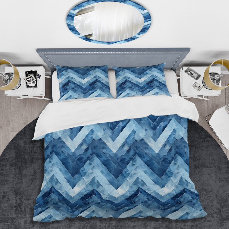 Ensemble de housse de couette moderne à motif de chevrons bleu et argenté Dreams III
