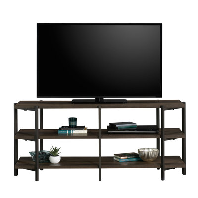 Bibliothèque étroite, finition brune, bois d'ingénierie, look contemporain, utilisation de bureau, 2 tablettes horizontales, 1 po d'épaisseur, cadre, peut accueillir une télévision de 55 po, tâche d'assemblage sans outils contemporaine, utilisation, épaisseur
