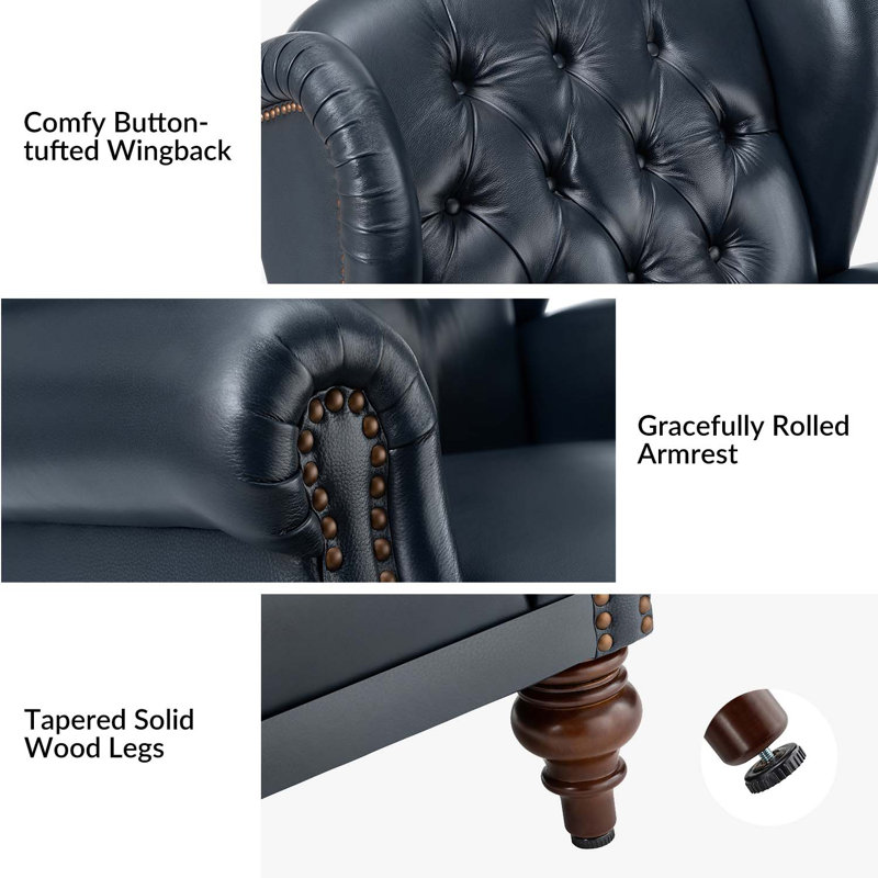 Fauteuil à oreilles en cuir véritable avec capitonnage à boutons Amyri, Cuir véritable bleu marine