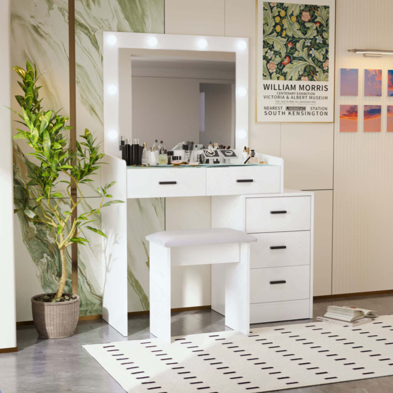 Coiffeuse réglable avec 5 tiroirs, lumières DEL et miroir coulissant pour ranger le maquillage