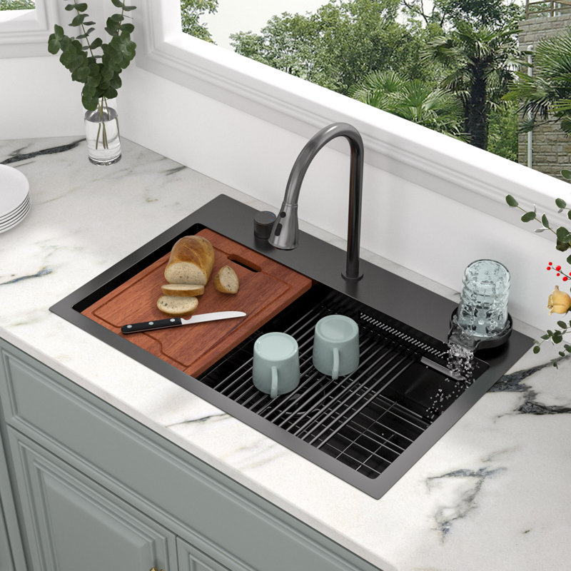Évier de cuisine à simple cuve en acier inoxydable avec robinet rétractable et lave-verres Waterfall, Bronze industriel-noir
