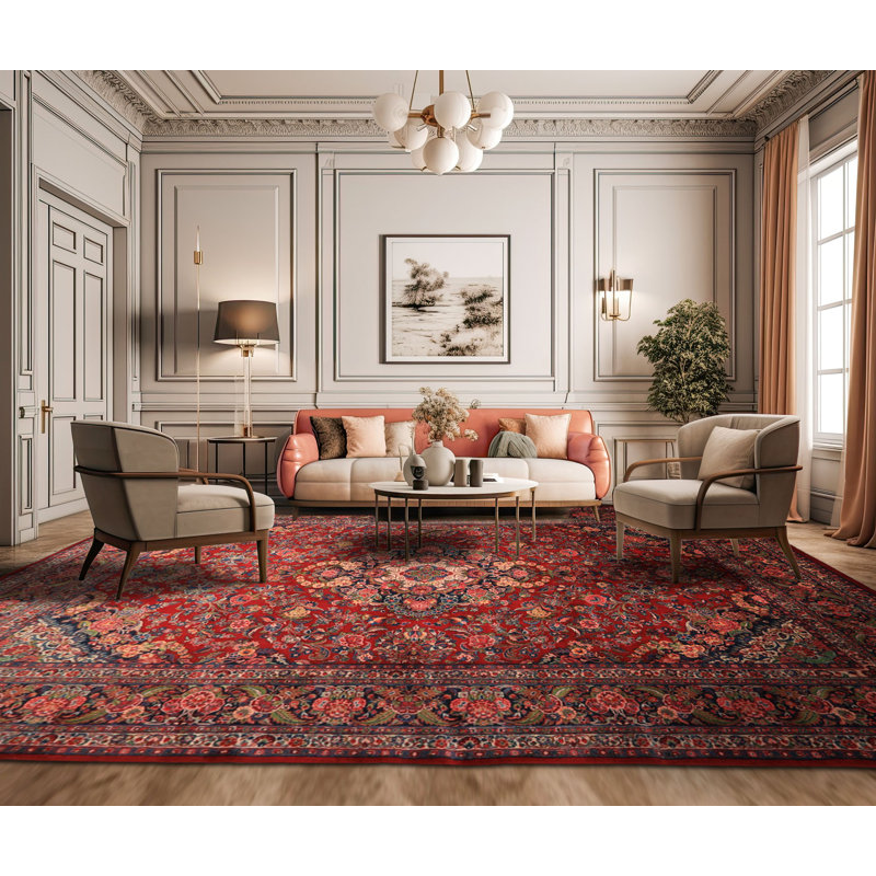 Tapis médaillon traditionnel en laine noué à la main rouge 10 pi 4 po x 15 pi 5 po Tabrija