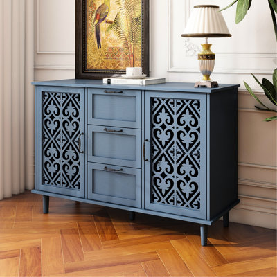 2 Door 3 Drawer Cabinet - Blue, Particle Board, With Symmetrical And Functional For Home Decor In Blue Solid Wood Feet, Black Metal Handle, Board Decoration