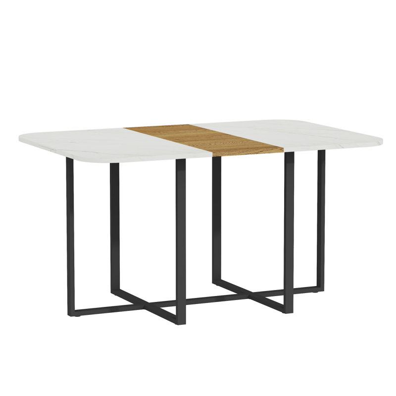Modern 4-6 Seater Dining Table - Faux Marble And Wood Grain Tabletop With Sturdy Black Metal Frame For Kitchen & Dining Room