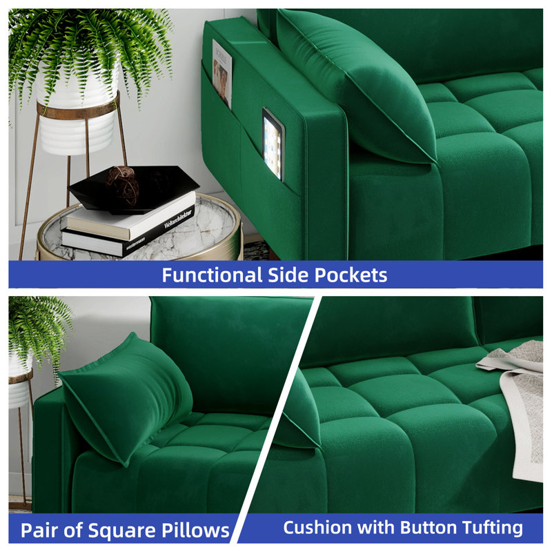 Velvet Three-Seater Sofa with Solid Wood Legs and Mid-Century Modern Style, Green