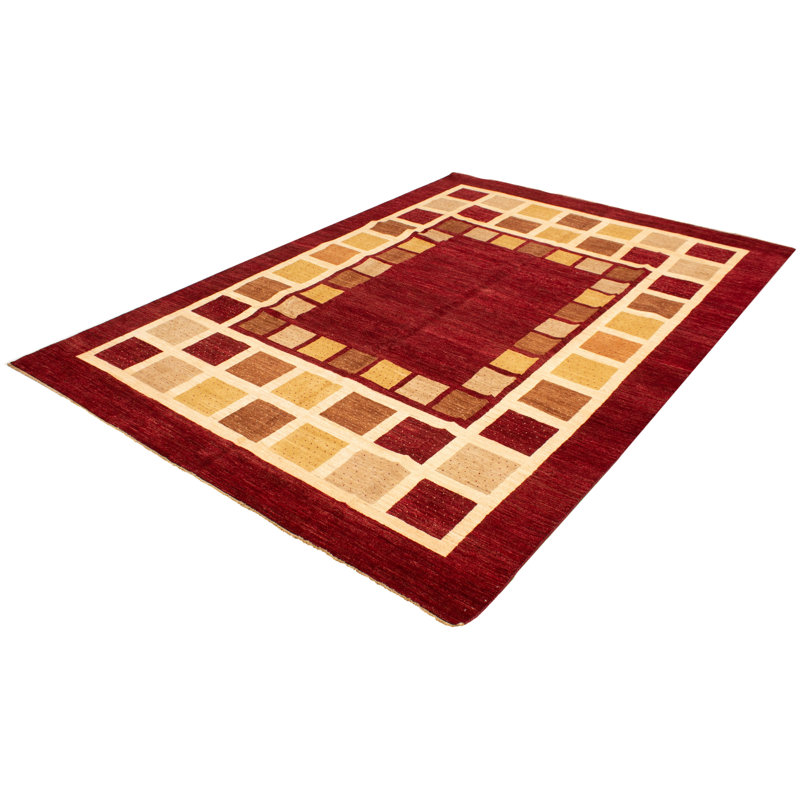 Tapis rouge foncé en laine nouée à la main de conception unique 10 pi 1 po x 14 pi 7 po New Age
