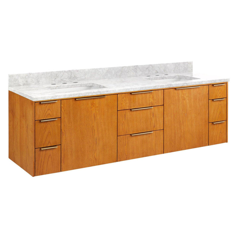 72" Medium Wood Wall-Mount Double Vanity with Carrara Marble Top