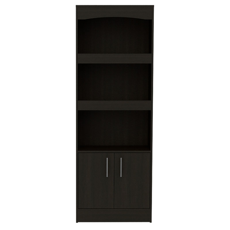 Bibliothèque, trois tablettes, armoire à deux portes, quincaillerie en métal, noir, Noir