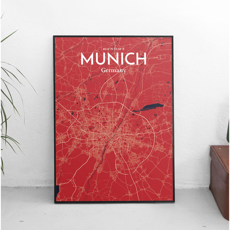Munich City Map - No Frame Print, 91.4cm H x 61cm W x 0.13cm D, Pink