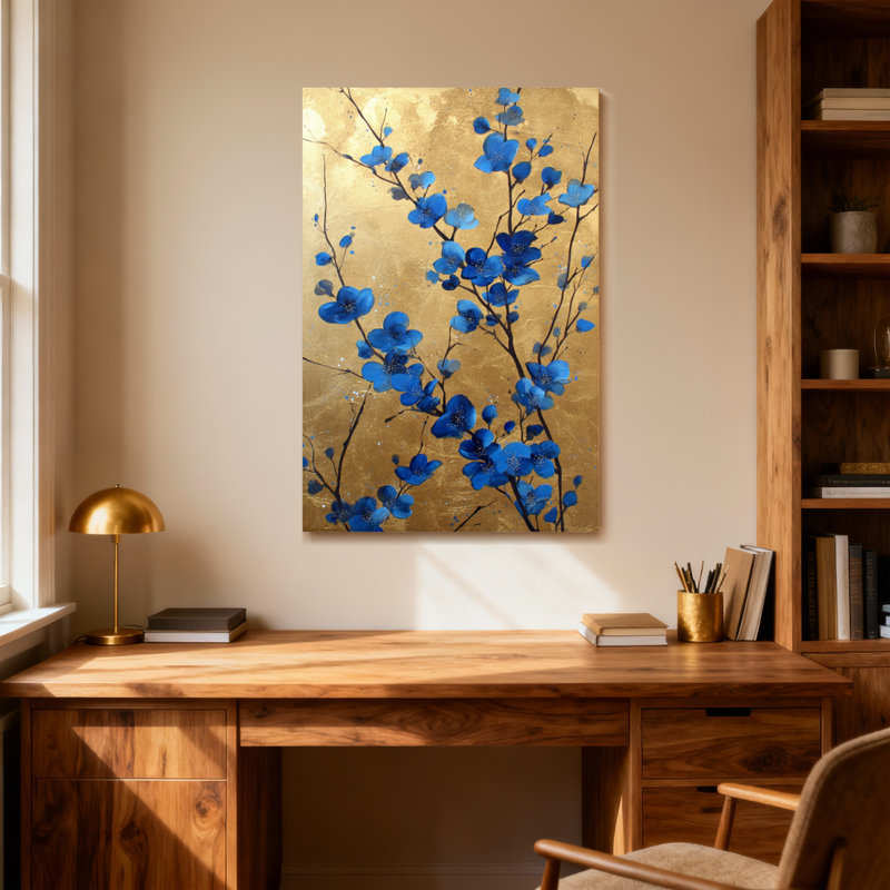 Plantes et fleurs fleurs bleues sur fond doré, H 20 po x l 30 po