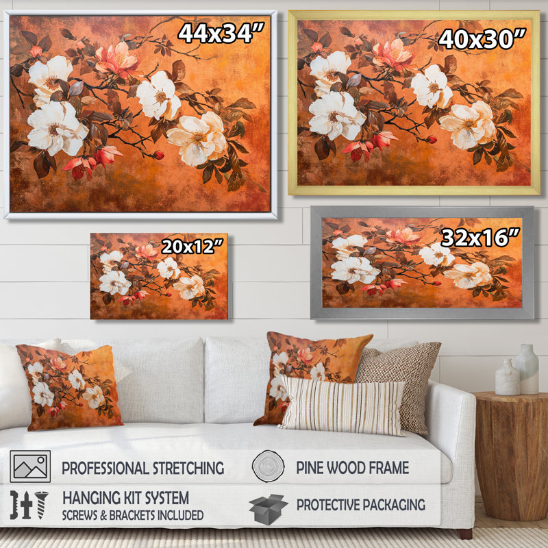 «Blossoming White Tree Flowers Vintage Illustration», reproduction d'art murale florale, Toile avec cadre flottant noir