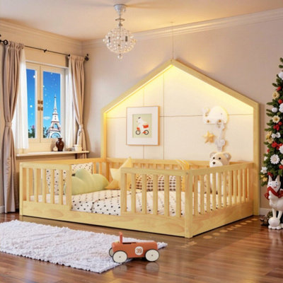 Kids Twin/Full Floor Bed With High Rails  Led Light, Montessori Style, Safe  Easy Assembly