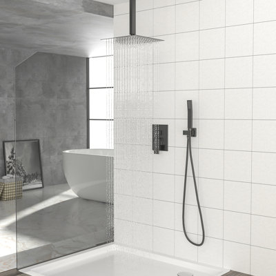 Matte Black, 10 Inch Square, Ceiling Mount, Dual Shower Head System, - Scald Feature, Rainfall Spray Pattern, Handheld Head, Balanced Valve, Easy To Clean Nozzle,