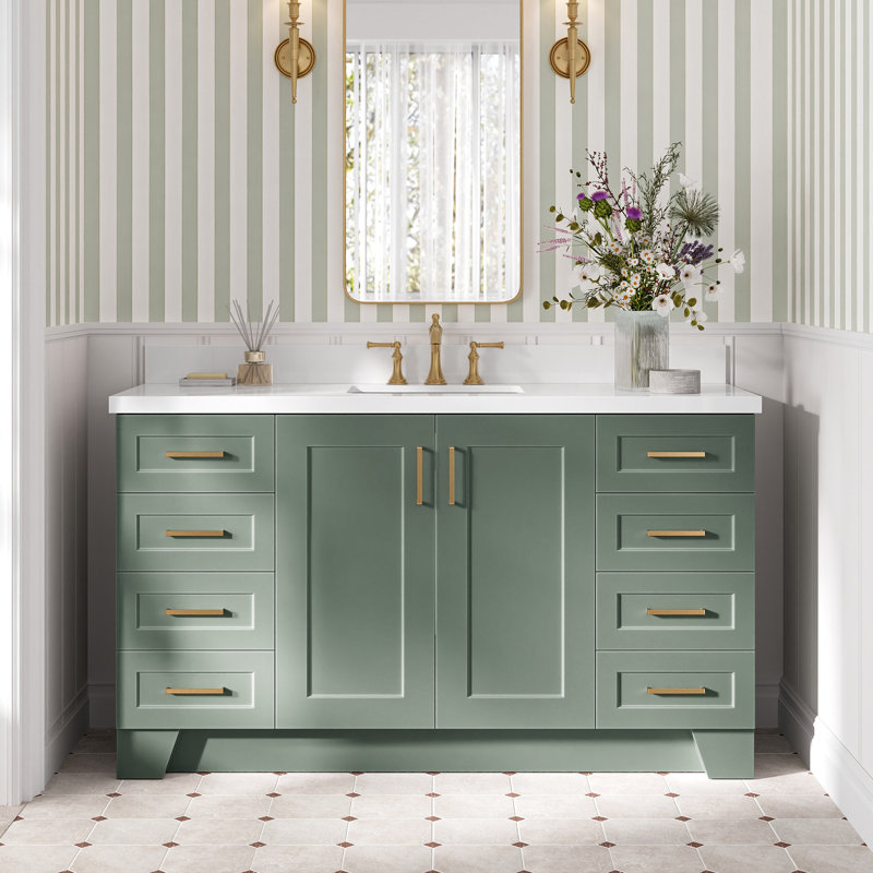 61 IN.  Single Bathroom Vanity, Rectangle, White Quartz, Vintage Green