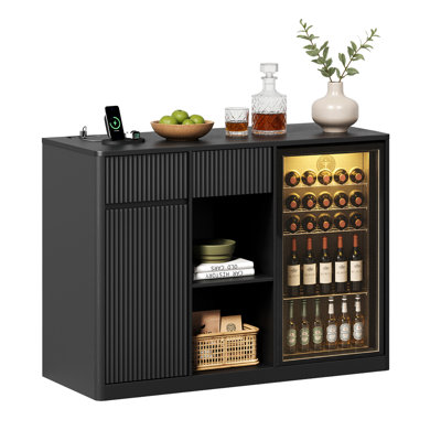 Bar Cabinet with Fridge Space, Wine Glass Rack and Charging Hub