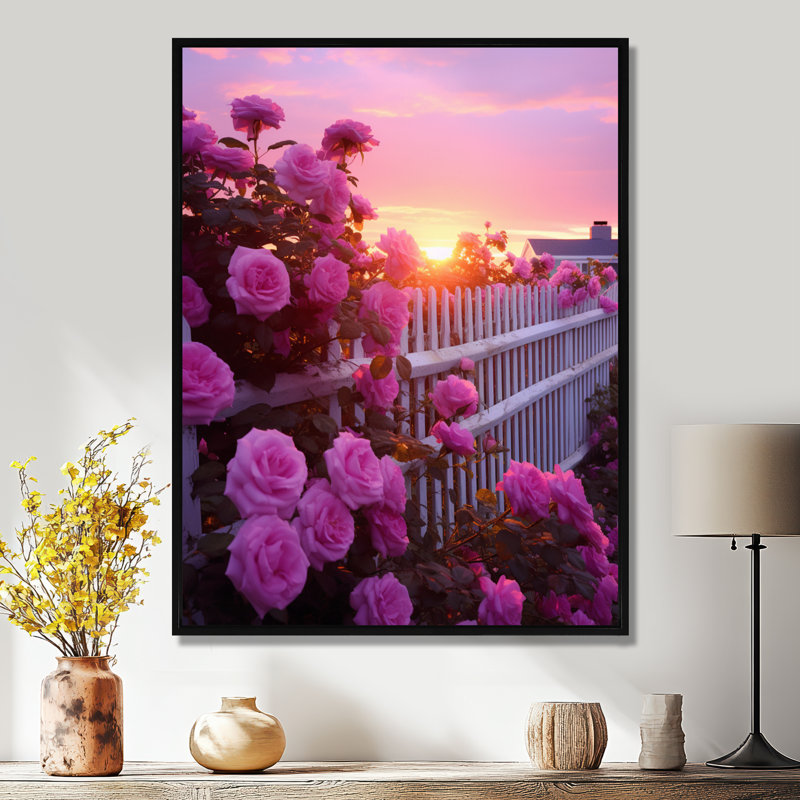 Rose rose, clôture blanche, impression d'art mural roses, H 20 po x l 12 po x P 1 po, Toile avec cadre flottant noir