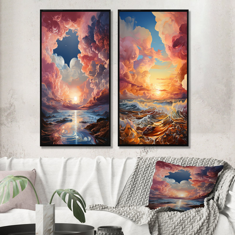 Nuage coucher de soleil à l'encre liquide, ensemble de 2 art mural, H 28 po x l 25 po, Cadre flottant noir