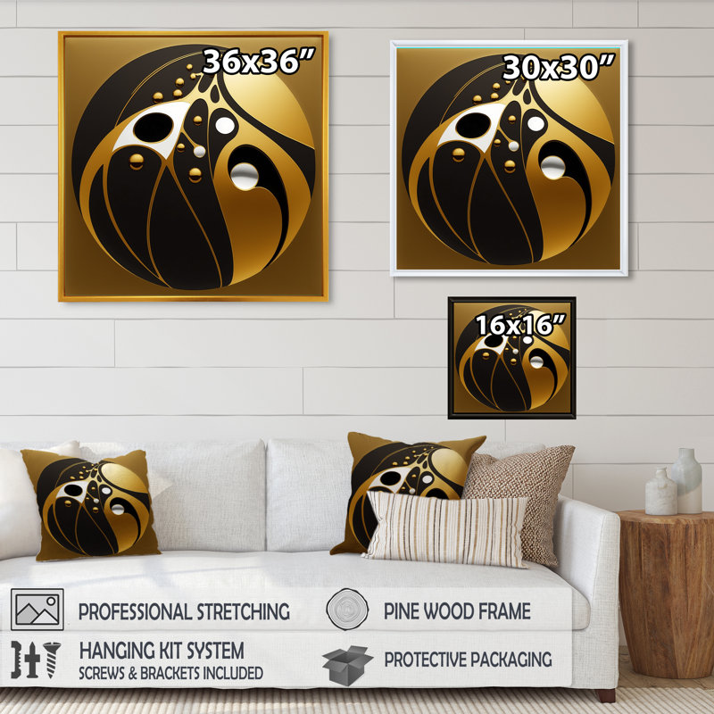 Creasman Golden and Black Sphere I - reproduction sur toile, H 16 po x l 16 po x P 1 po, Cadre flottant noir
