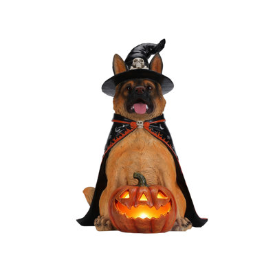 Halloween Decorative Resin German Shepherd Dog Figurine, Sitting Dog Statue with Witch Hat & Cape, LED Light-Up Jack-O-Lantern Pumpkin Tabletop Holiday Ornament