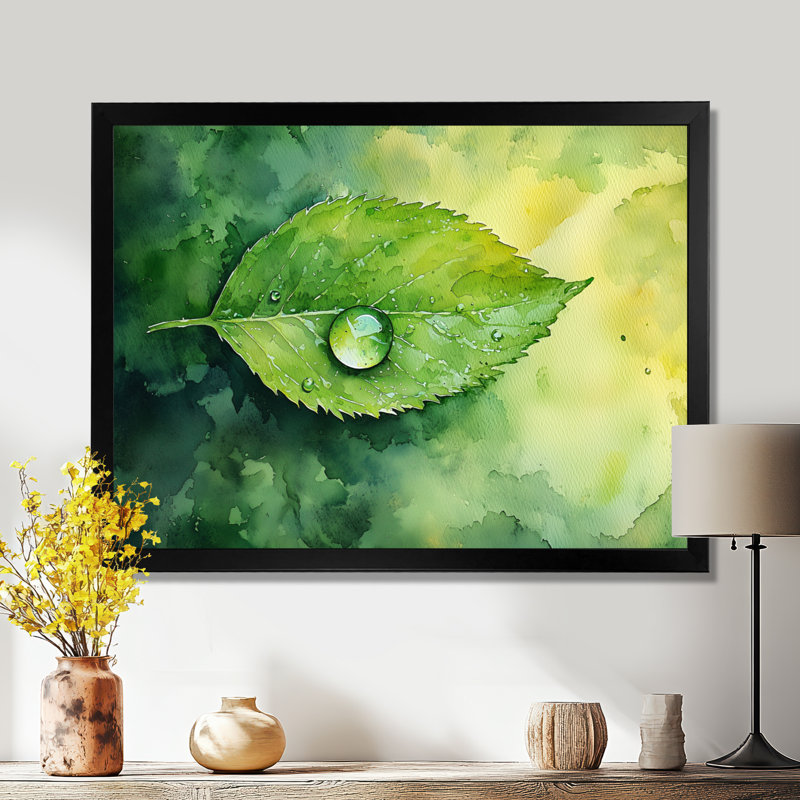 Goutte d'eau verte sur feuille II - feuilles, art mural, H 12 po x l 20 po, Reproduction encadrée d'une seule photo, Noir