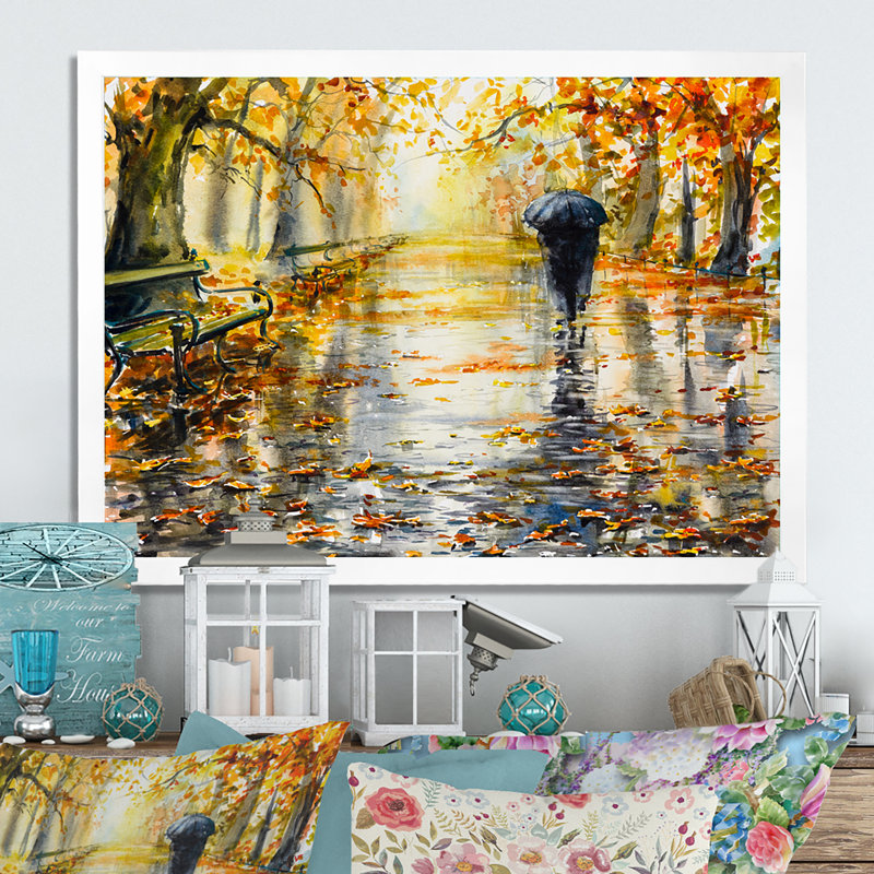 «Couple Walking In Autum Day», reproduction d'art sur toile, Toile blanche avec cadre photo, H 16 po x l 32 po x P 1 po