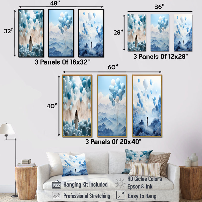 Sky Is The Limit Woman Motivation I - Ensemble de 3 décorations murales Motivation, Cadre flottant brun, H 32 po x l 48 po
