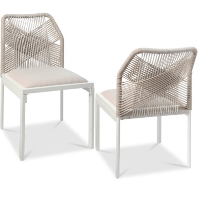  Set Of 2 Indoor/Outdoor Aluminum Woven Side Dining Chairs W/ All-Weather Rope - White/Alpine