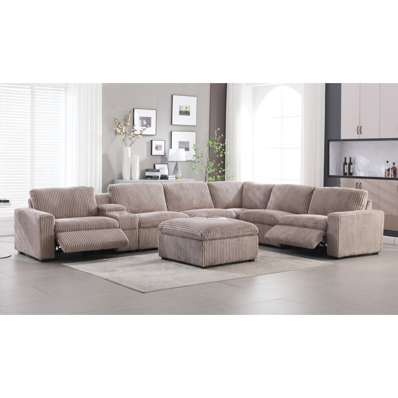 8 Piece Modern Corduroy L Shaped Power Reclining Sectional Couch with Storage & Wireless Charging, Brown Corduroy