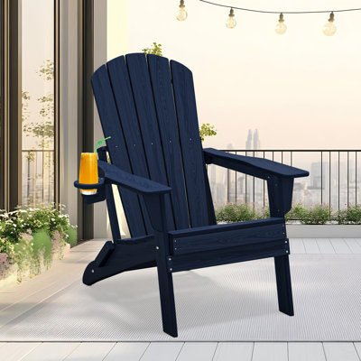 Folding Adirondack Chair, Wood Texture, Cup Holder, All-Weather HDPE for Poolside/Lawn, Navy