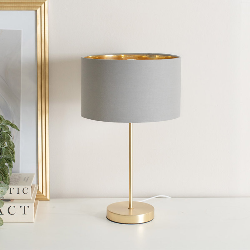 Dadiva Brushed Chrome Stem Table Lamp with Velvet Reni Shade, 38cm H x 17.5 cm W x 44.45cm D, Yes, Gold Base/Grey Shade