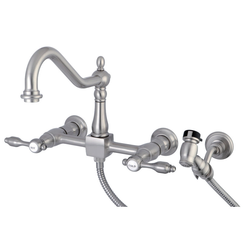 Kingston Brass Essex Double-Handle Wall-Mount Bridge Kitchen Faucet, Brushed Nickel, With Side Spray, Lever