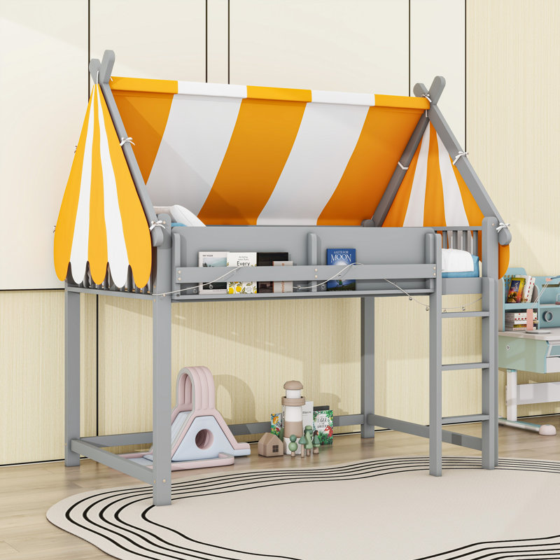 Playful Wooden Loft Bed with Canopy, LED Lights, Gray, Full