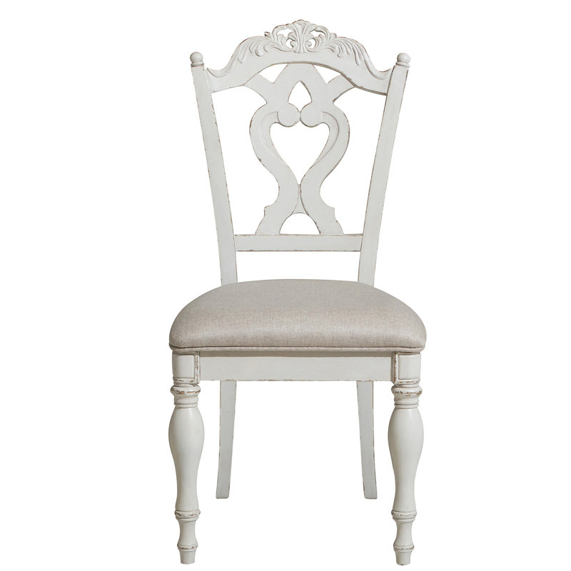 Rosalind French Provincial Antique White Desk Chair with Carved Splat Back and Upholstered Seat