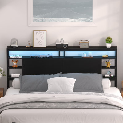 Storage Headboard With LED Lights And Charging Station