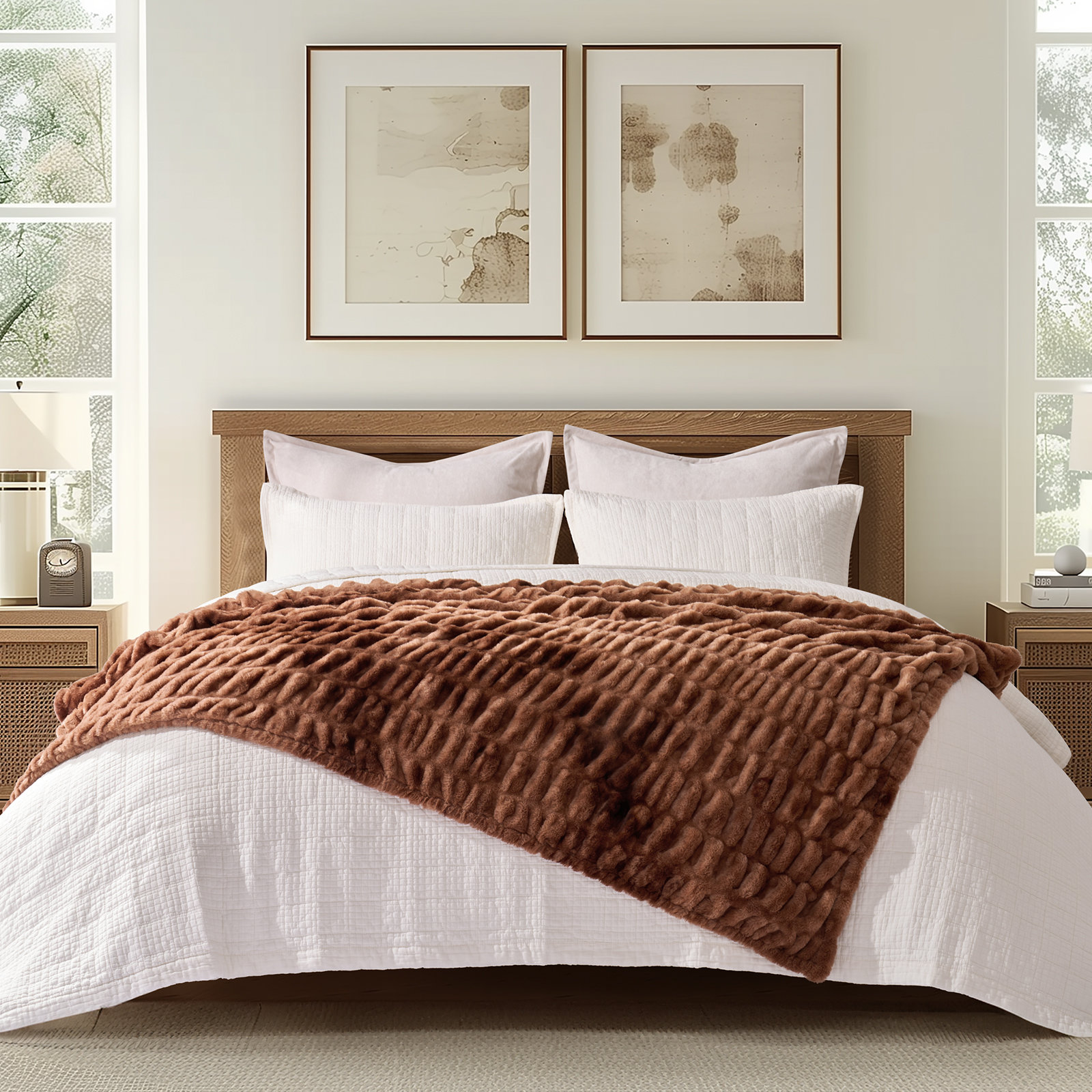 Ruched Bubble Faux Fur Throw Blanket, 60" W x 80" L, Clay