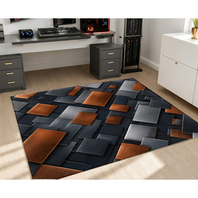 Tapis géométrique abstrait moderne, à carrés gris et orange métallisés, antidérapant, design artistique pour la décoration intérieure du salon, de la chambre, de l'entrée, de la cuisine, du balcon ou d'un appartement.