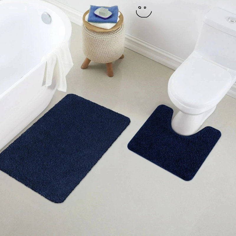2 Piece Alya Small Bath Mat Ultra Soft Bathroom Rug Anti Slip Toilet Rug Pedestal Mat Set, Navy, 80cm L x 50cm W