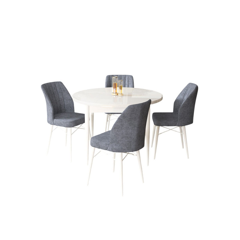 Ensemble de table et chaises de salle à manger moderne 5 pièces, blanc et fumée, table 35,4 x 29,5 x 35,4 pouces | Chaises 17,7 x 36,6 x 16,5 pouces | Panneau 100% aggloméré mélaminé, structure en métal, assise confortable en mousse, design scandinave