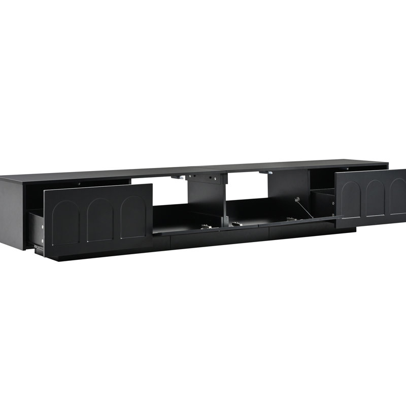 Meuble télé, noir, avec console multimédia fonctionnelle, portes en verre trempé cannelé et éclairage à DEL contrôlé à la maison, salon, avec support et centre de divertissement
