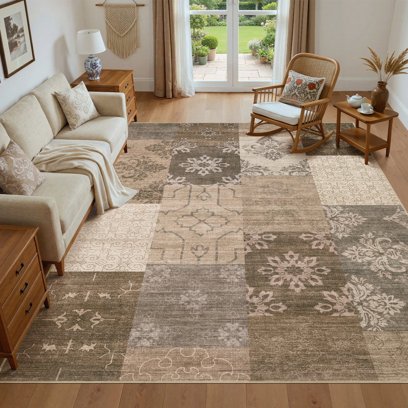 Faux Patchwork Abstract Geometric Area Rug – Washable Low-Pile Carpet for Living Room, Rectangle 8' x 10'
