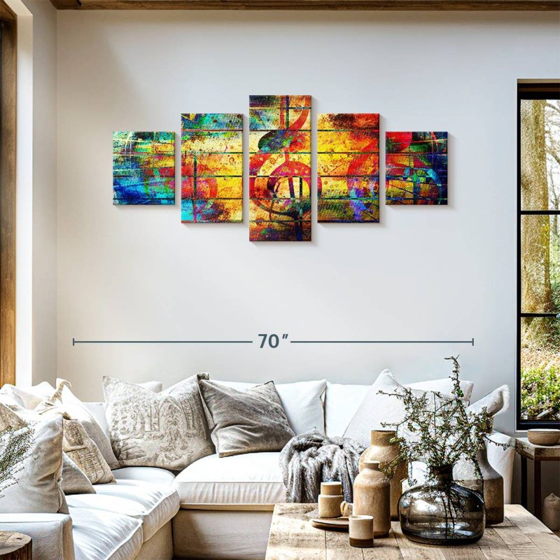 Ensemble de 5 pièces colorées avec collage sur toile, H 55 po x l 24 po x P 1,25 po