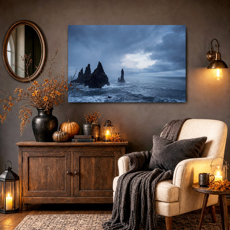 Art mural sur toile, "Dark Sea Stacks Under Stormy Sky", H 16 po x l 24 po