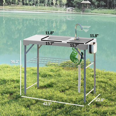Folding Fish Cleaning Table Camping Table with Sinks Faucet, Grey