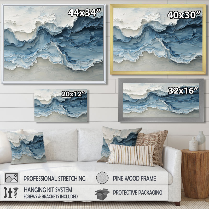 Waves Veil Of The Ocean III - art mural bord de mer pour le salon, H 34 po x l 44 po, Cadre flottant, Blanc