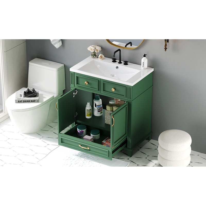 Meuble-lavabo de 30 po avec lavabo en résine, armoire de rangement en bois massif avec portes à fermeture douce, Vert