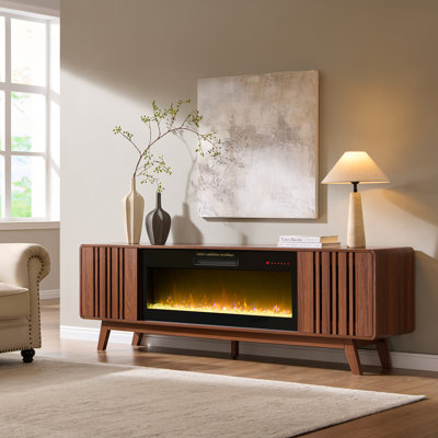 Meuble télé avec foyer de 198 cm (78 po) pour téléviseurs jusqu'à 216 cm (85 po), centre de divertissement moderne du milieu du siècle avec foyer de 107 cm (42 po), étagères réglables et porte coulissante à grille, console multimédia pour salon, noyer foncé